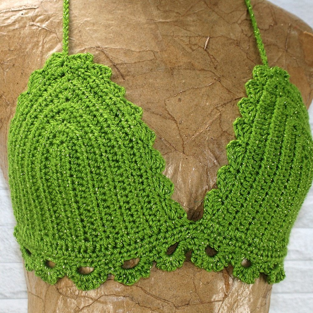 HAND CRAFTED Crop Top Crochet Bikini Green Metallic Festival Rave Various - Picture 2 of 13
